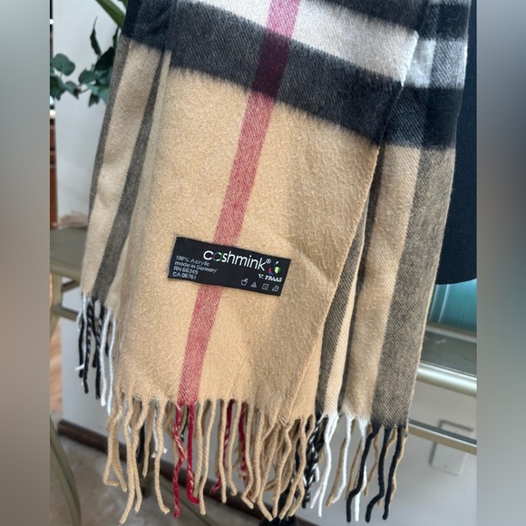 CASHMINK BY V.FRASS TAN & RED LARGE PLAID SCARF WRAP WITH FRINGE MADE IN GERMANY - Picture 4 of 5